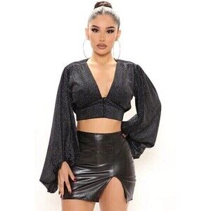 Embellished Velvet Rhinestone Balloon Sleeve Blouse size S RefM25